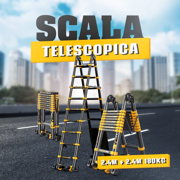 Scala telescopica portatile in alluminio per carichi pesanti e uso domestico (2,4 m+2,4 m)